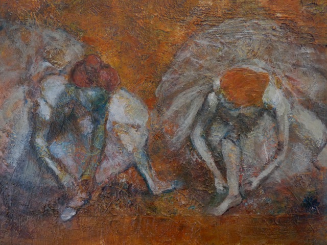 Degas dancers re-composed with a new color scheme and a heavy underlying texture. (Terry Mayberg)