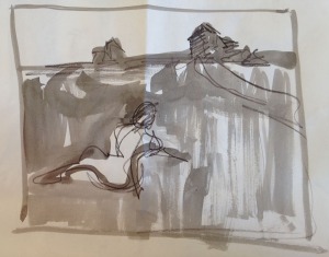 A one-minute gesture drawing of Wyeth's Christina's World in ink and pencil