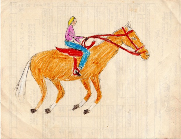 Horse by the author, circa 1970's. Crayon on found office paper.